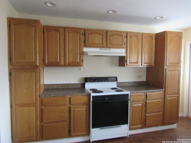 kitchen featuring dark hardwood / wood-style flooring and electric stove