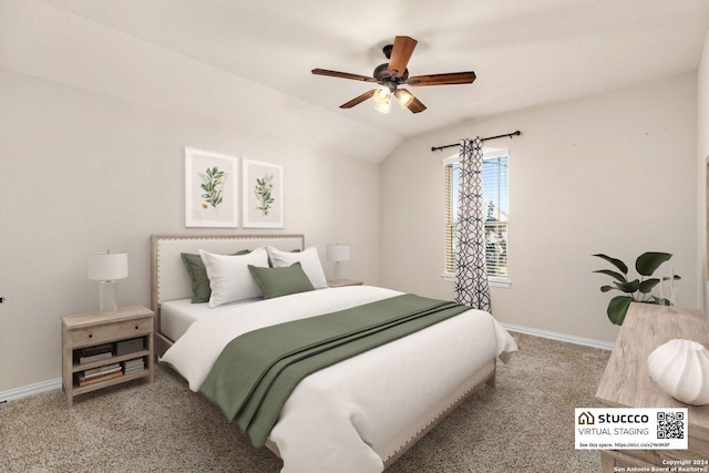 bedroom featuring ceiling fan, lofted ceiling, and light colored carpet