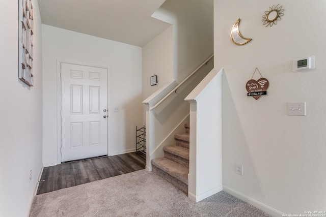 entryway featuring dark colored carpet