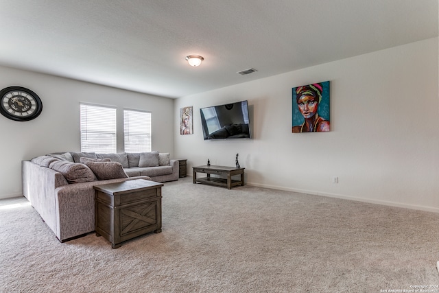 living room featuring a textured ceiling and light colored carpet