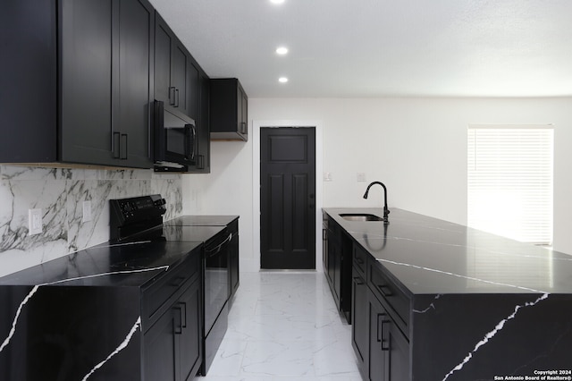 kitchen featuring tasteful backsplash, black range with electric stovetop, and sink