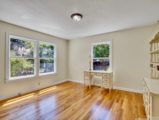 unfurnished office with a healthy amount of sunlight, a textured ceiling, and light hardwood / wood-style flooring