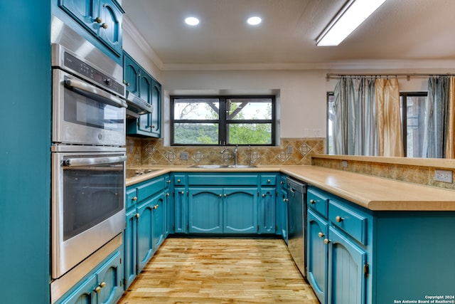 kitchen with blue cabinets, sink, and stainless steel appliances