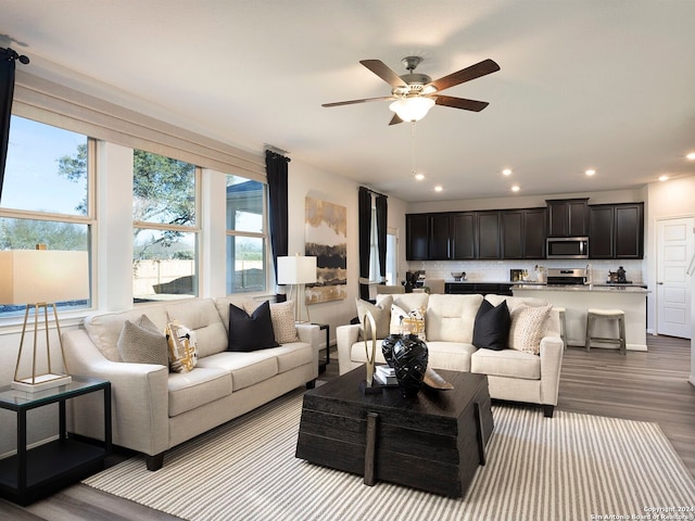 living room featuring ceiling fan and light wood-type flooring