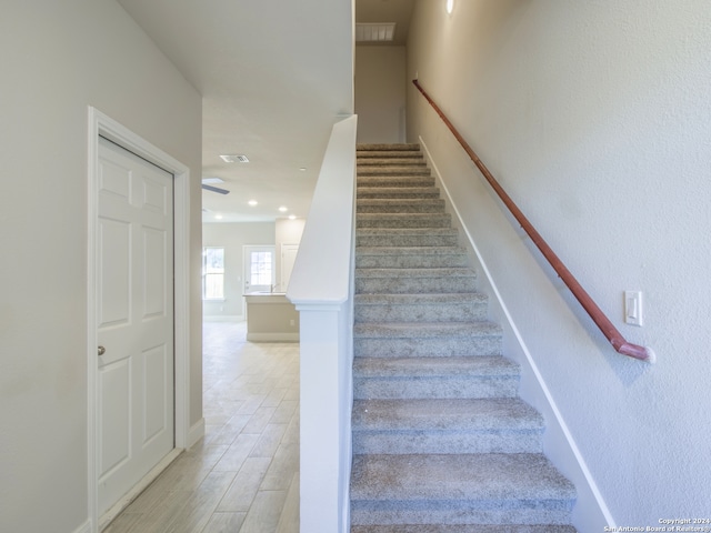 stairs with hardwood / wood-style flooring