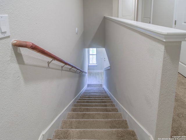 stairway with hardwood / wood-style floors