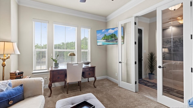 carpeted office space featuring french doors, crown molding, and a wealth of natural light