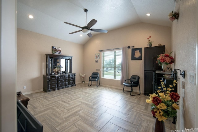 2989 Graytown, Converse, TX 78109 - sitting room featuring baseboards, recessed lighting, ceiling fan, and lofted ceiling