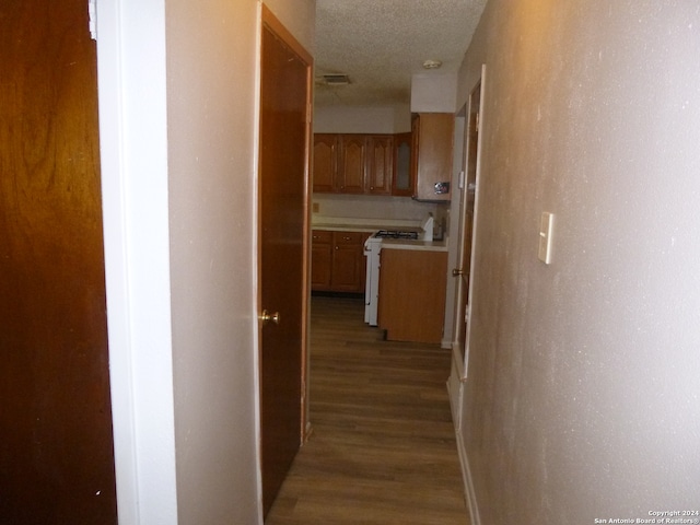 corridor with wood-type flooring and a textured ceiling