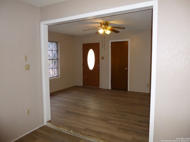 foyer featuring ceiling fan and dark hardwood / wood-style floors