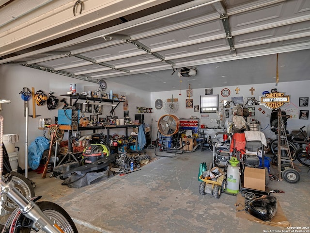 garage with a garage door opener and a workshop area