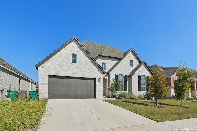 french country home with a front lawn and a garage