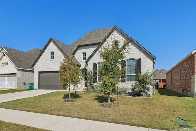 french provincial home with a front lawn and a garage