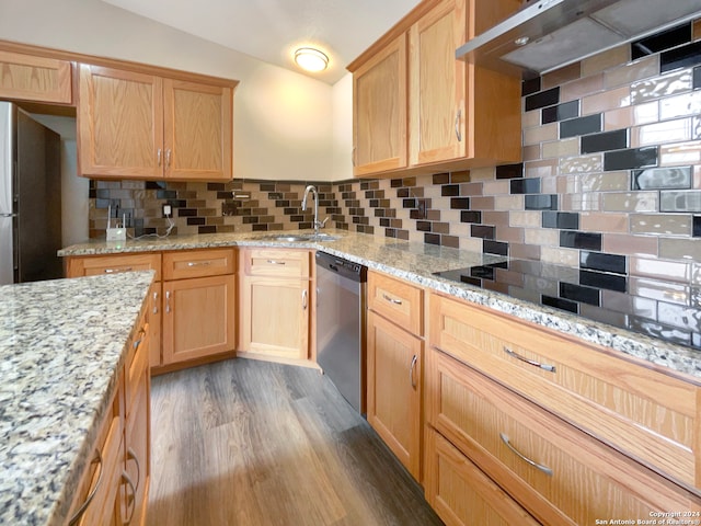 kitchen featuring decorative backsplash, stainless steel appliances, sink, light stone countertops, and dark hardwood / wood-style flooring