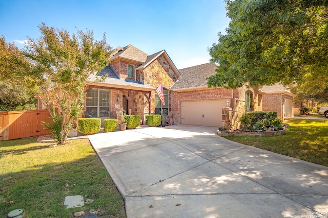 view of front of home with a front lawn and a garage