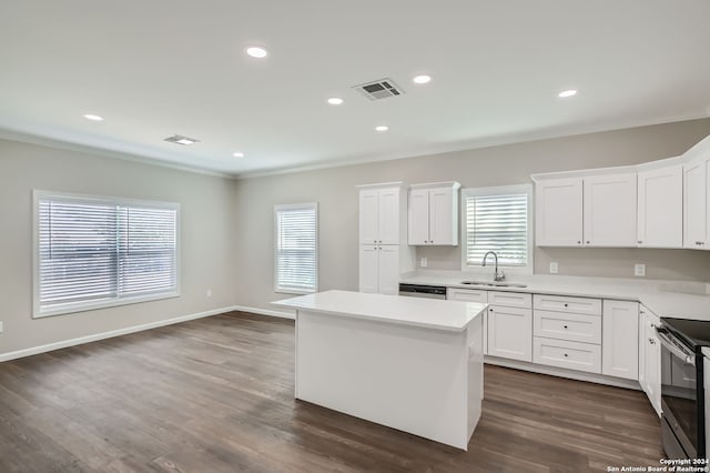 kitchen featuring appliances with stainless steel finishes, sink, a kitchen island, white cabinets, and dark hardwood / wood-style floors