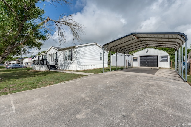 view of property exterior with an outdoor structure, a garage, a lawn, and a carport