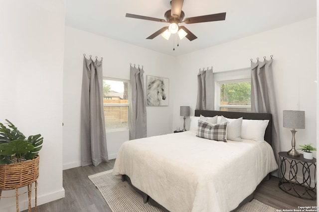 bedroom featuring multiple windows, ceiling fan, and dark hardwood / wood-style flooring