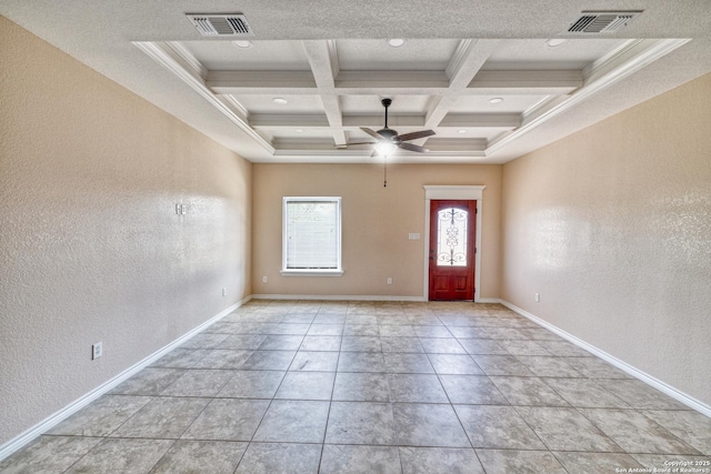 144 W Brazos St, Uvalde, TX 78801 - entrance foyer featuring visible vents, a ceiling fan, coffered ceiling, and beam ceiling