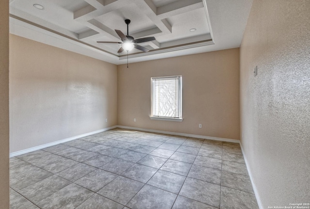 144 W Brazos St, Uvalde, TX 78801 - empty room featuring tile patterned flooring, ceiling fan, beamed ceiling, and coffered ceiling