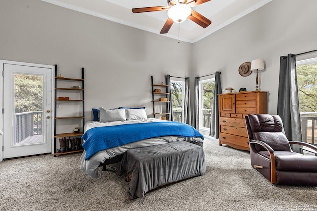 bedroom with crown molding, carpet flooring, access to outside, and ceiling fan