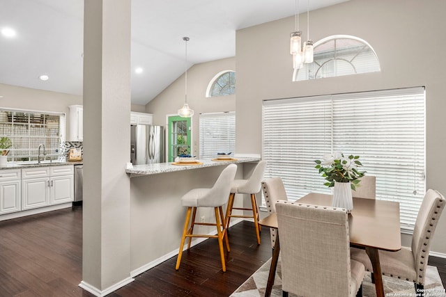 dining space with high vaulted ceiling, sink, and dark wood-type flooring