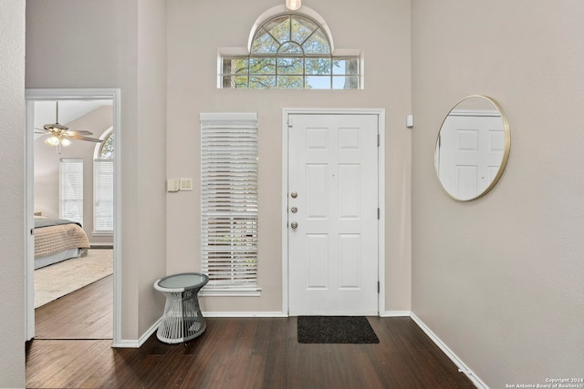 foyer with hardwood / wood-style flooring, a high ceiling, and ceiling fan