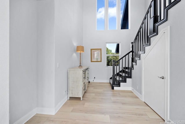 entryway with light hardwood / wood-style flooring and a towering ceiling