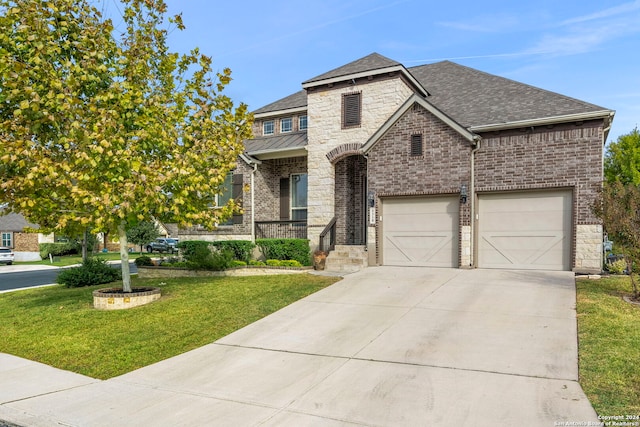 view of front of house featuring a front yard and a garage