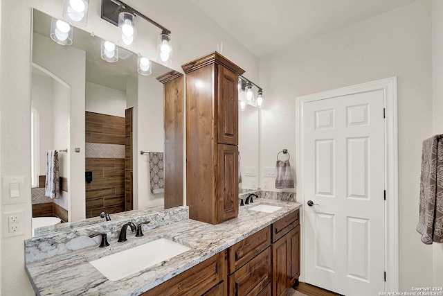 bathroom with vanity and a shower