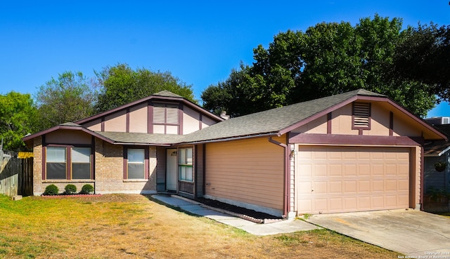 ranch-style house with a garage and a front lawn