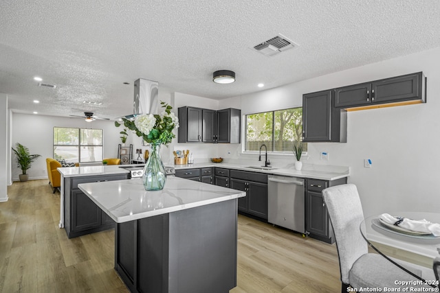 kitchen with a wealth of natural light, sink, dishwasher, and a kitchen island