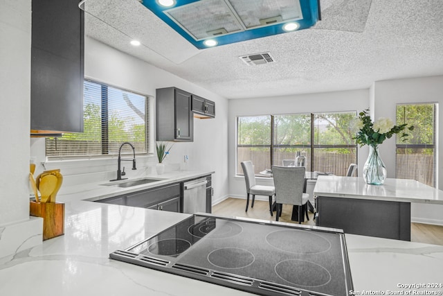 kitchen featuring dishwasher, sink, plenty of natural light, and a textured ceiling