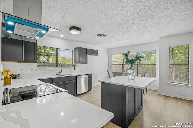 kitchen with light hardwood / wood-style flooring, dishwasher, sink, and a kitchen island