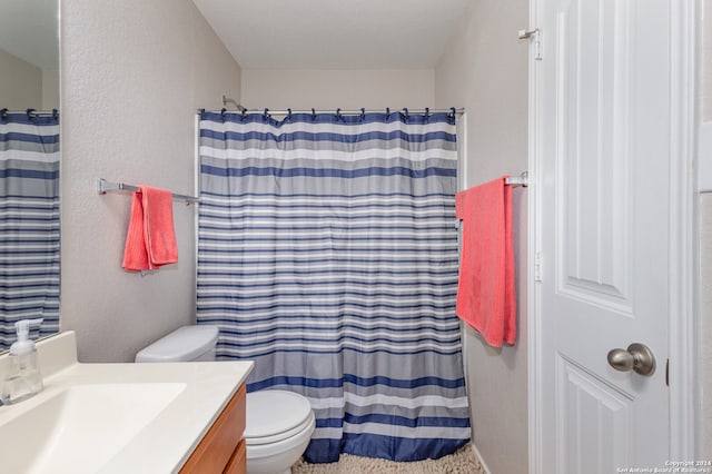 bathroom featuring vanity, a shower with shower curtain, and toilet