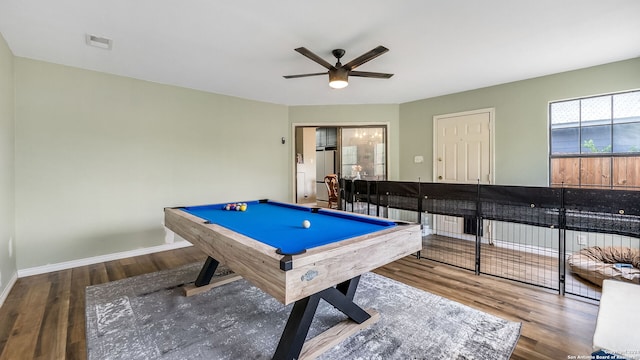 game room featuring wood-type flooring, ceiling fan, and billiards