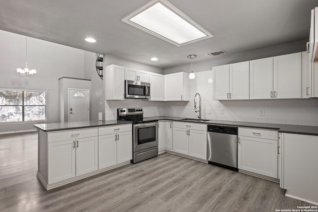 kitchen with sink, decorative light fixtures, white cabinetry, appliances with stainless steel finishes, and light hardwood / wood-style floors