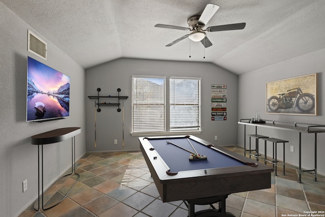 game room featuring lofted ceiling, a textured ceiling, billiards, and ceiling fan