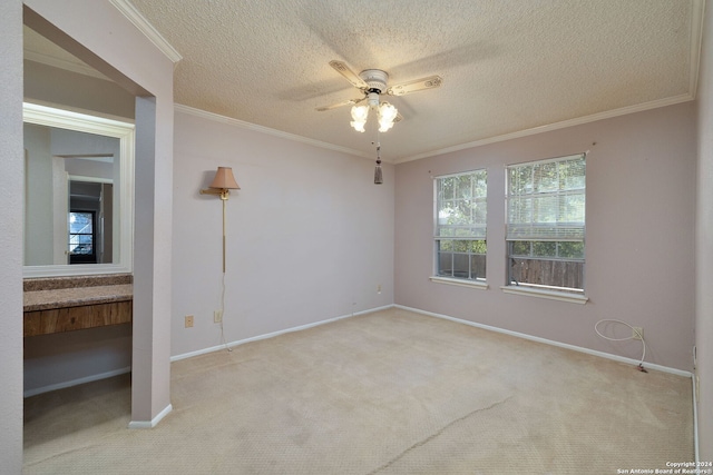 carpeted spare room with ceiling fan, crown molding, and a textured ceiling