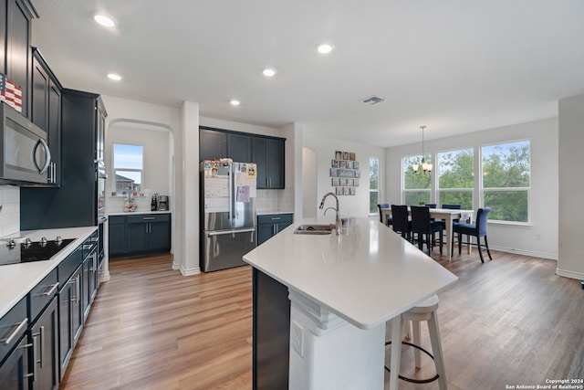 kitchen featuring sink, an island with sink, stainless steel appliances, and a healthy amount of sunlight