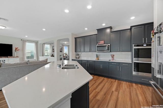 kitchen featuring sink, an island with sink, backsplash, light hardwood / wood-style floors, and stainless steel appliances