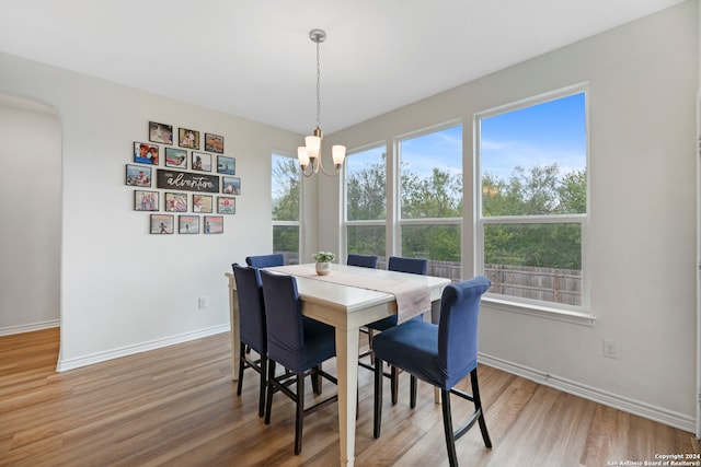 dining room featuring wood-type flooring and a chandelier