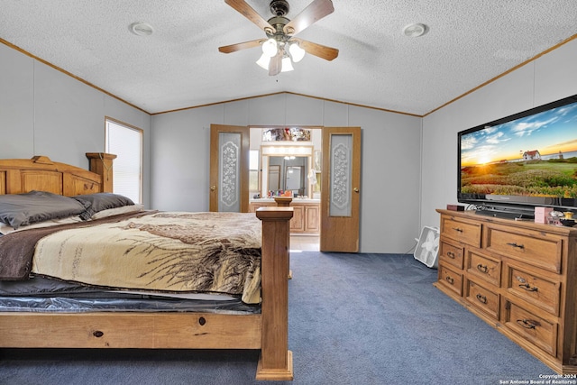 bedroom with dark carpet, ensuite bath, crown molding, a textured ceiling, and ceiling fan