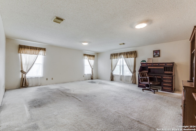 interior space featuring a textured ceiling and light colored carpet