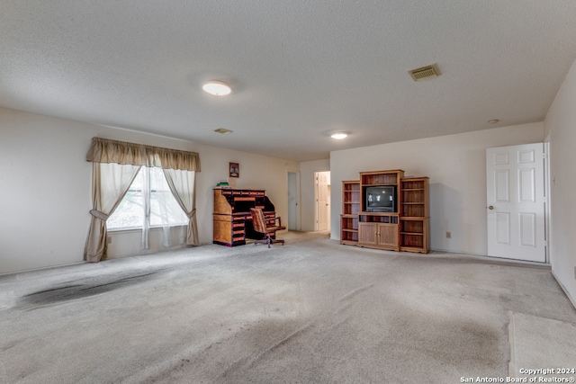 interior space with a textured ceiling and light colored carpet