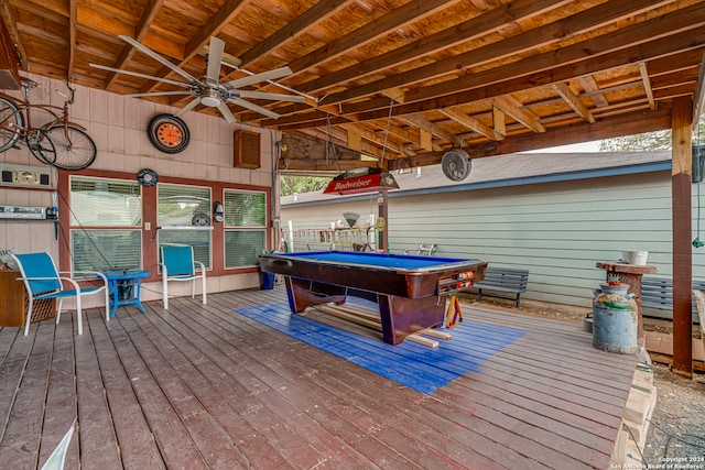 recreation room featuring wood walls, ceiling fan, vaulted ceiling, hardwood / wood-style flooring, and billiards