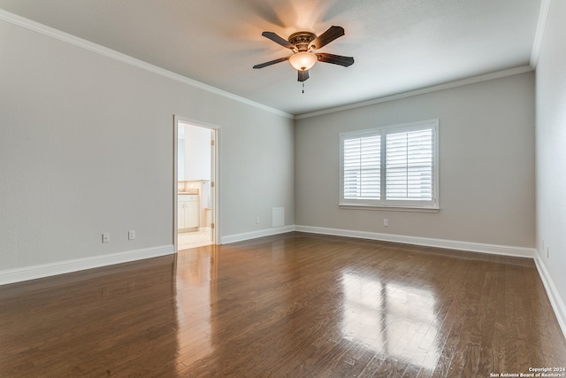 unfurnished room with ceiling fan, ornamental molding, and dark hardwood / wood-style floors