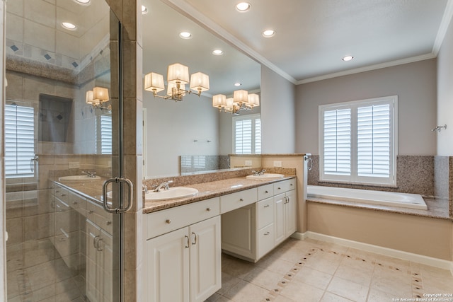 bathroom featuring crown molding, tile patterned flooring, vanity, a notable chandelier, and separate shower and tub