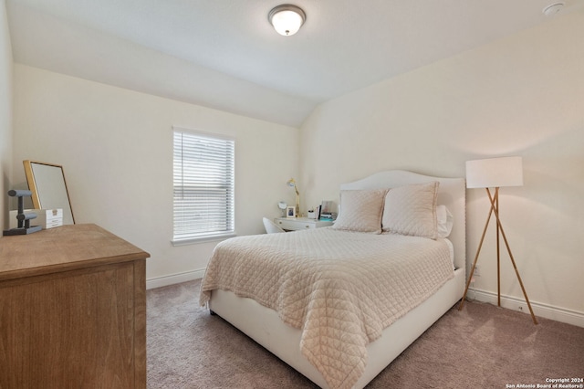 bedroom with lofted ceiling and carpet floors