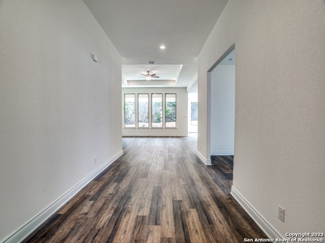 hallway with dark hardwood / wood-style flooring